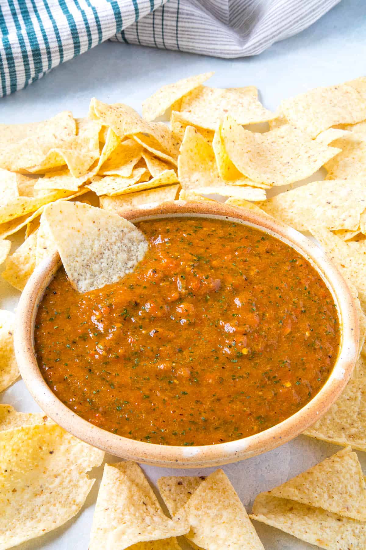 Roasted Mango-Habanero Salsa in a bowl with chips