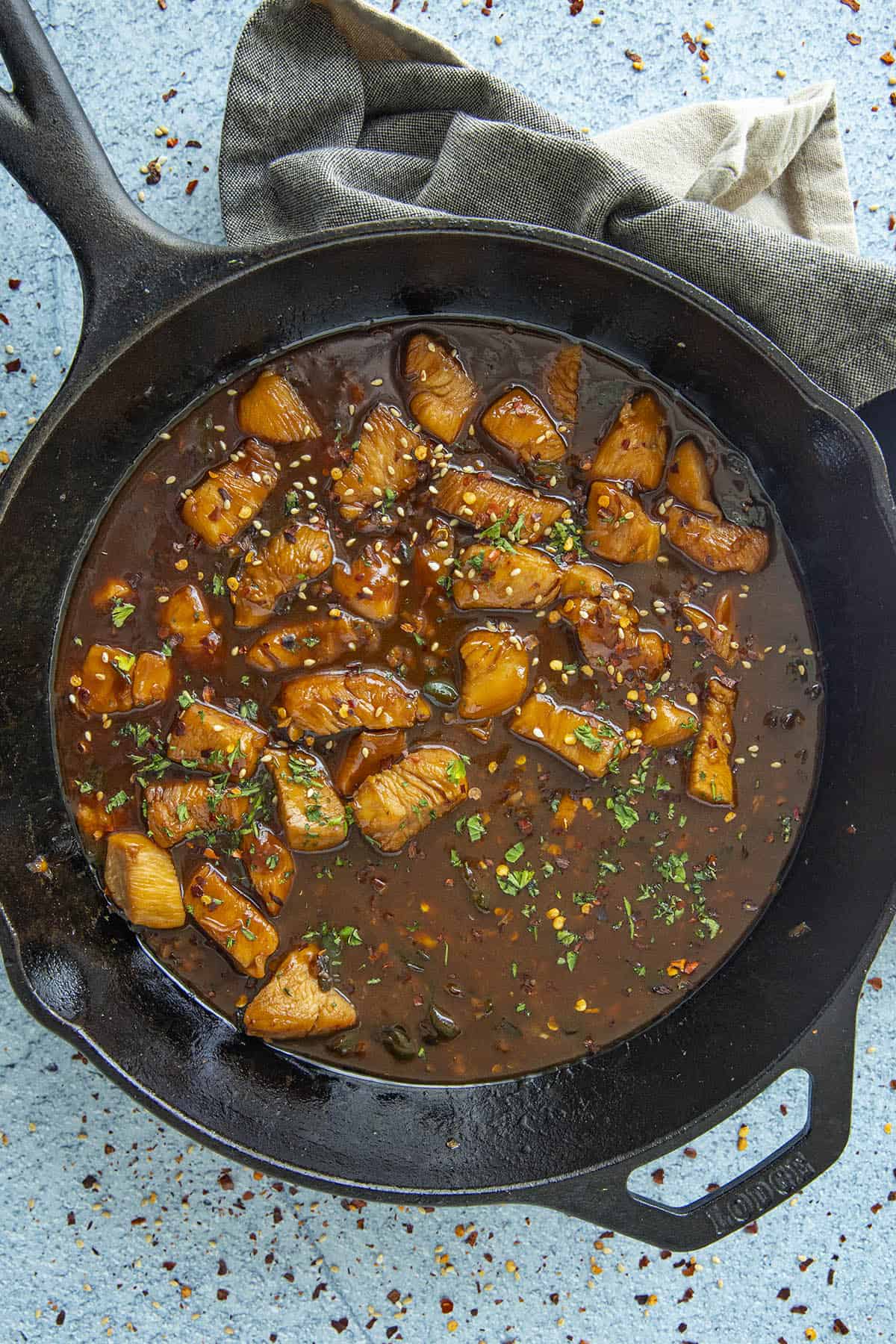 Teriyaki Chicken in a hot pan, ready to serve
