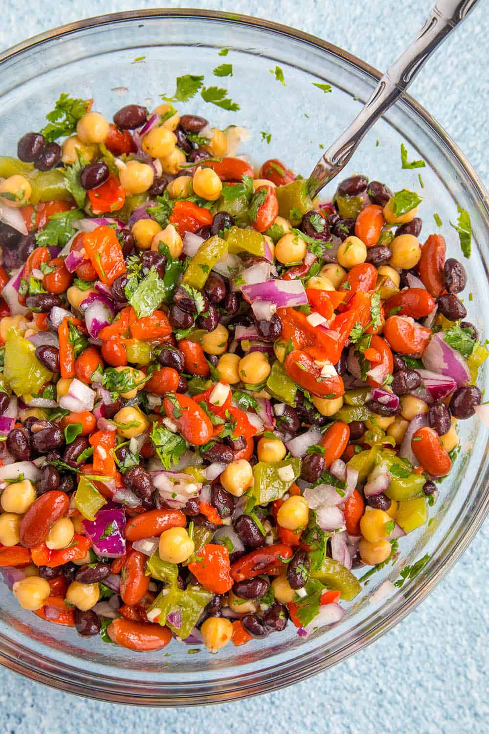 Mike's Zesty Three Bean Salad, freshly mixed in a mixing bowl