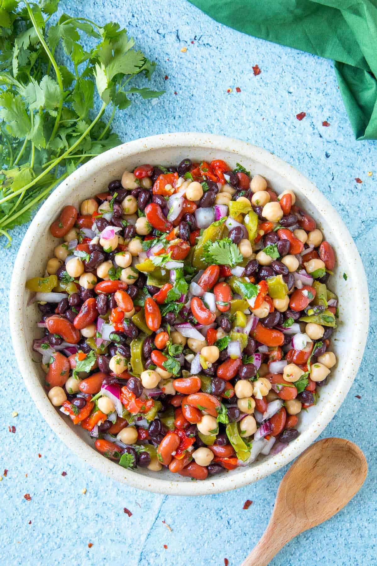 Mike's Zesty Three Bean Salad in a bowl, ready to serve