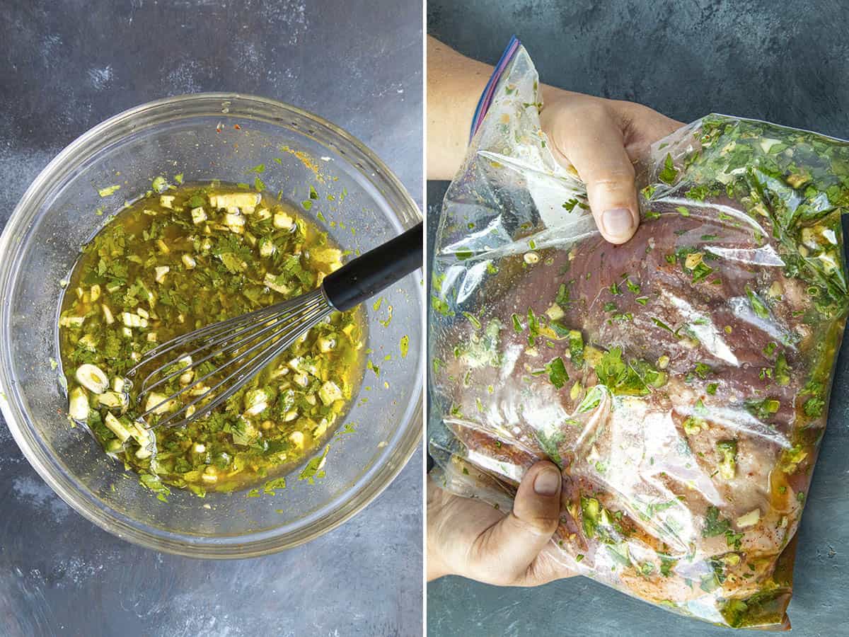 Flank Steak marinating in a plastic bag