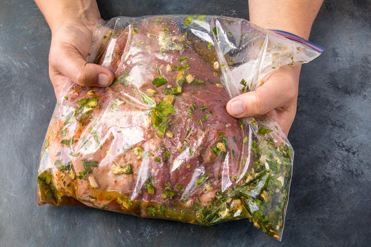 Flank Steak marinating in a plastic bag