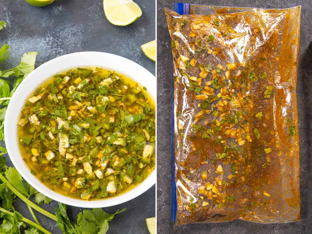 Carne asada marinade in a bowl, and marinating flank steak  in a plastic bag to make Carne Asada