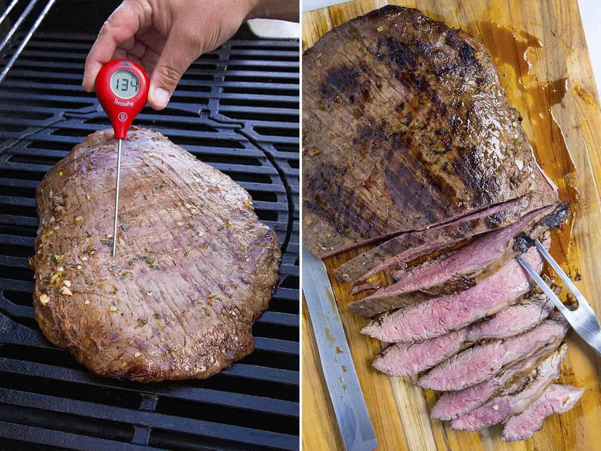 Measuring the internal temperature and slicing carne asada on a cutting board