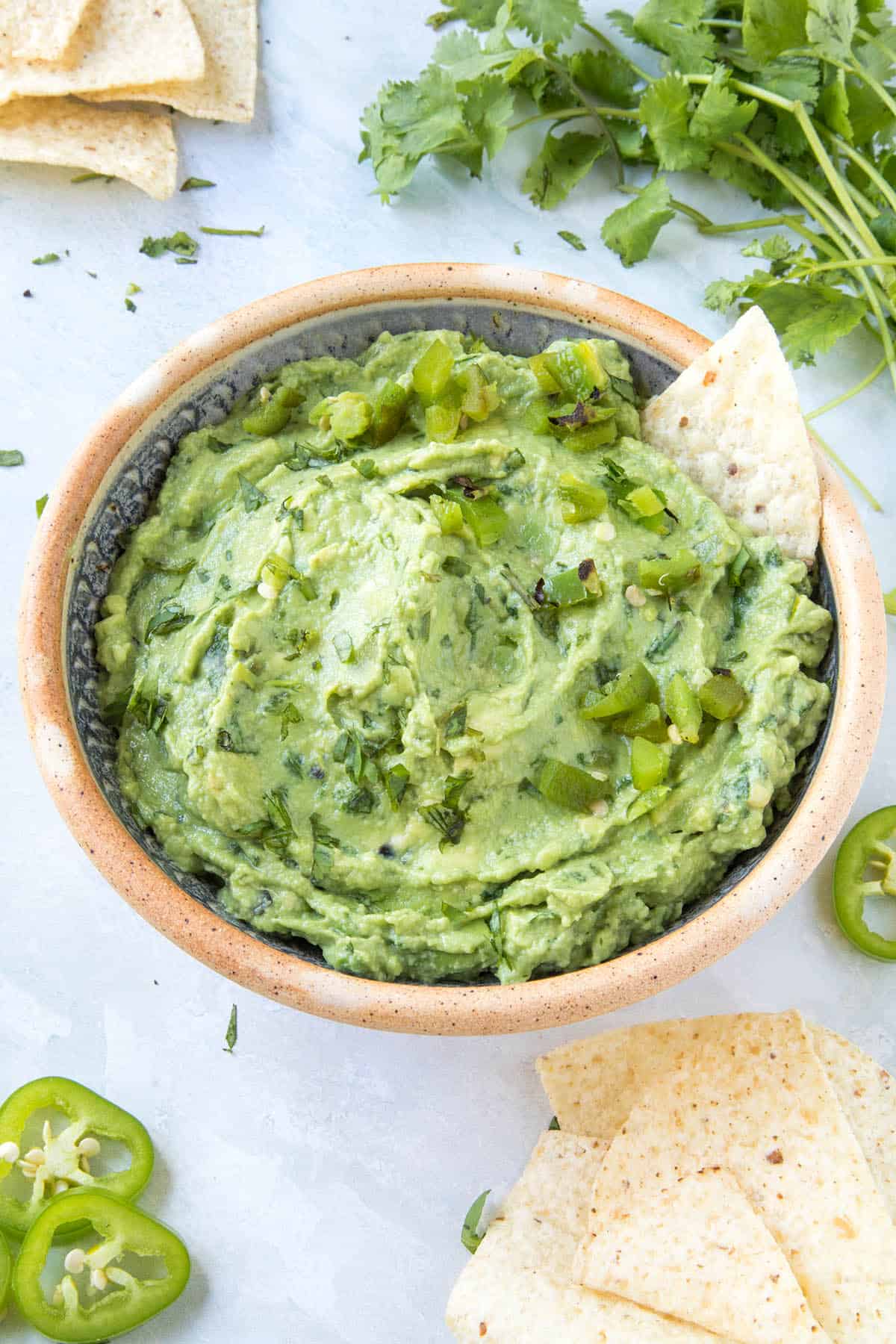 Guacamole in a bowl with a chip