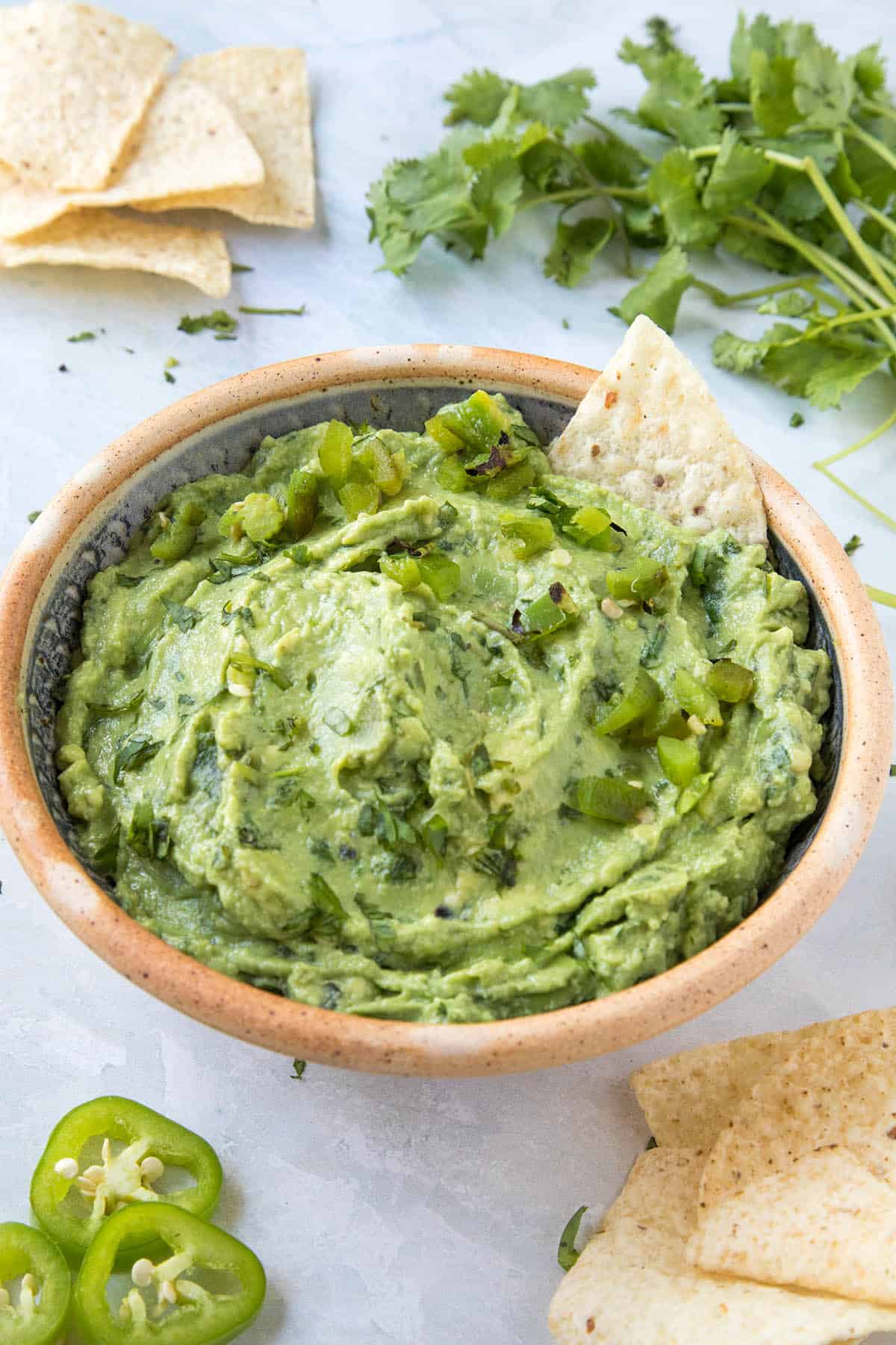 Extra Creamy Roasted Jalapeno Guacamole in a serving bowl