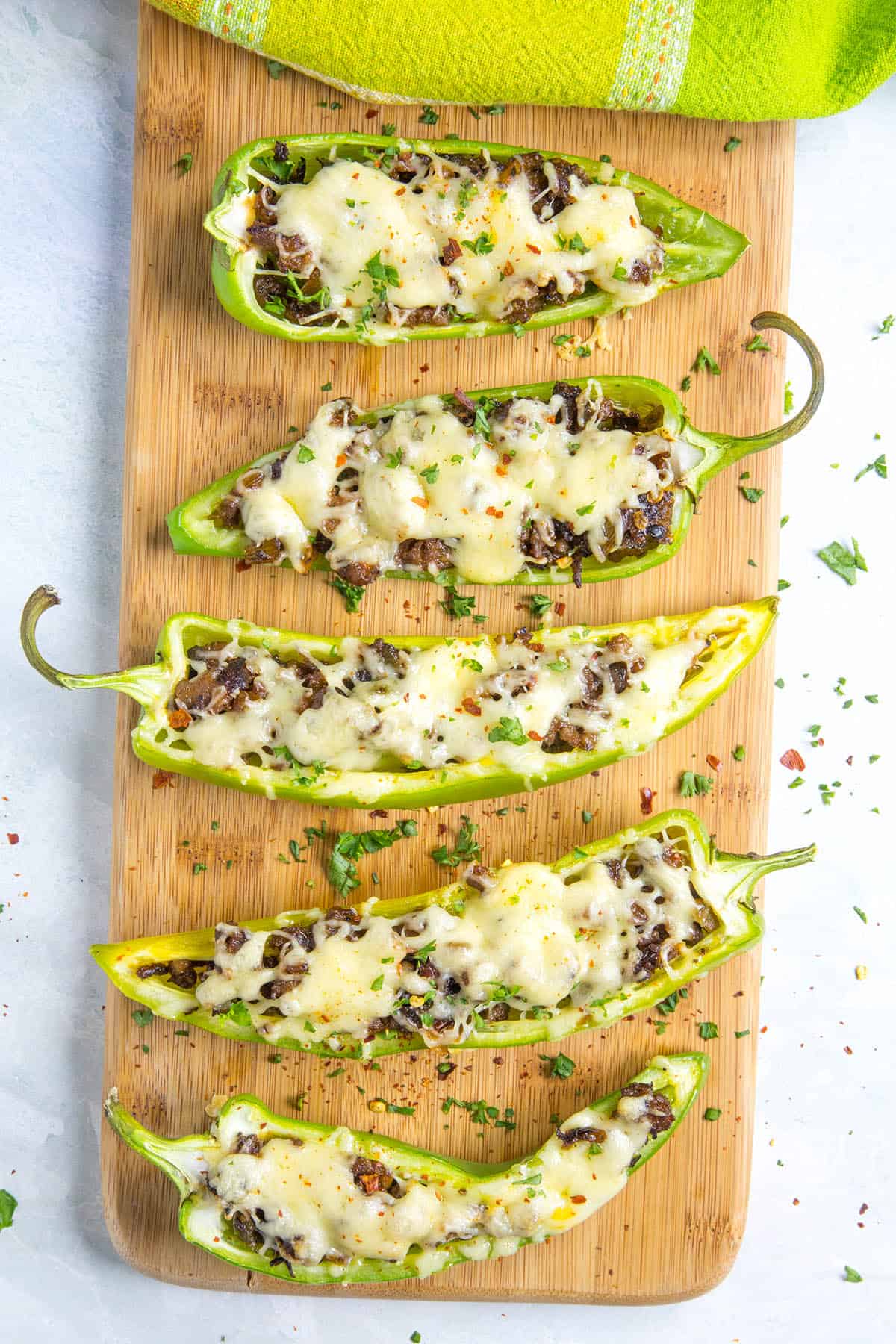 Stuffed Anaheim Peppers on a tray, ready to serve