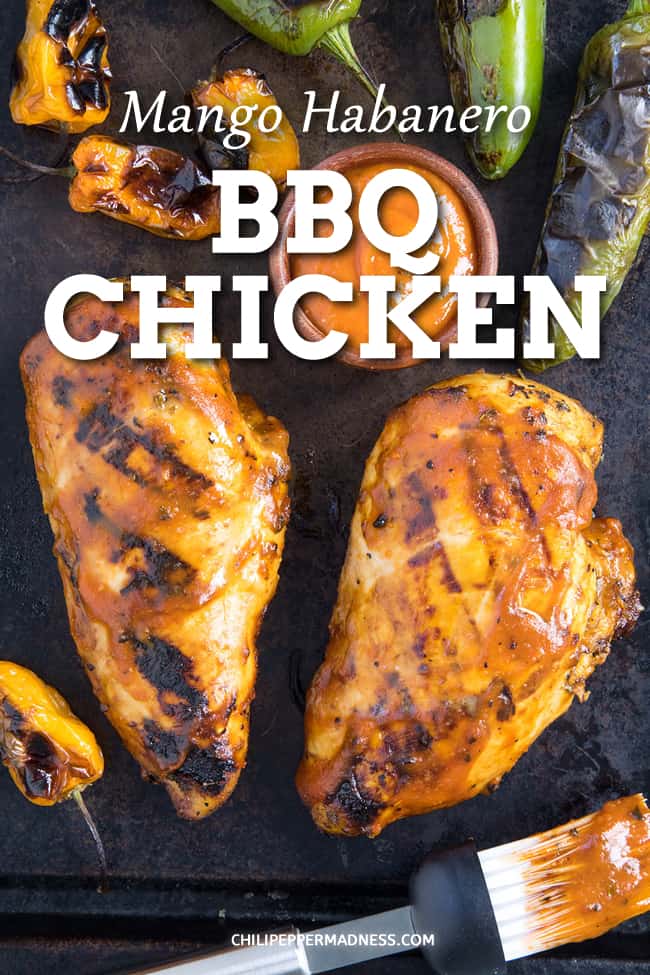 Mango-Habanero BBQ Chicken Recipe - With this juicy bbq chicken recipe, we marinate the chicken to infuse it with flavor, then grill it and slather it in a homemade spicy mango-habanero bbq sauce. Perfection. #BBQChicken #Dinner #Barbecue #Habanero
