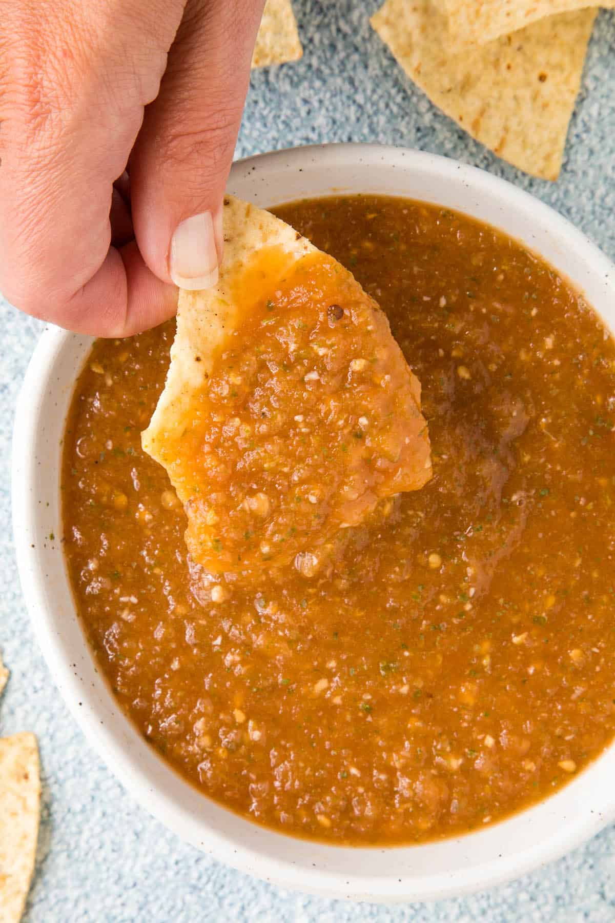 Salsa Ranchera on a chip, ready to eat