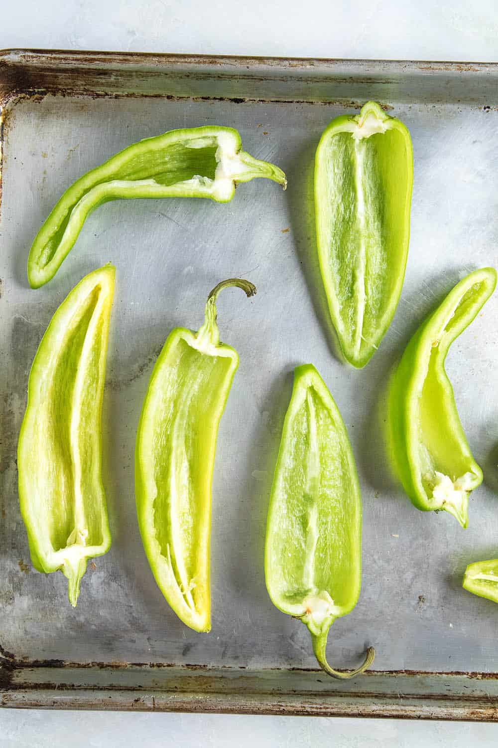 Sliced Anaheim Peppers on a big tray