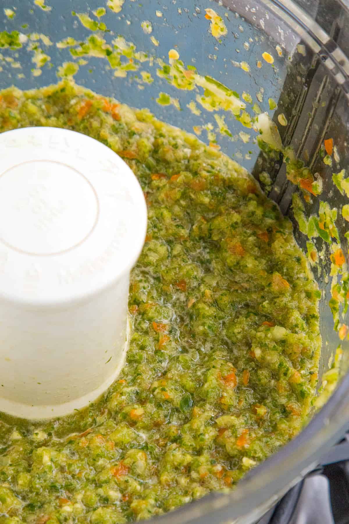 Processed sofrito in a food processor