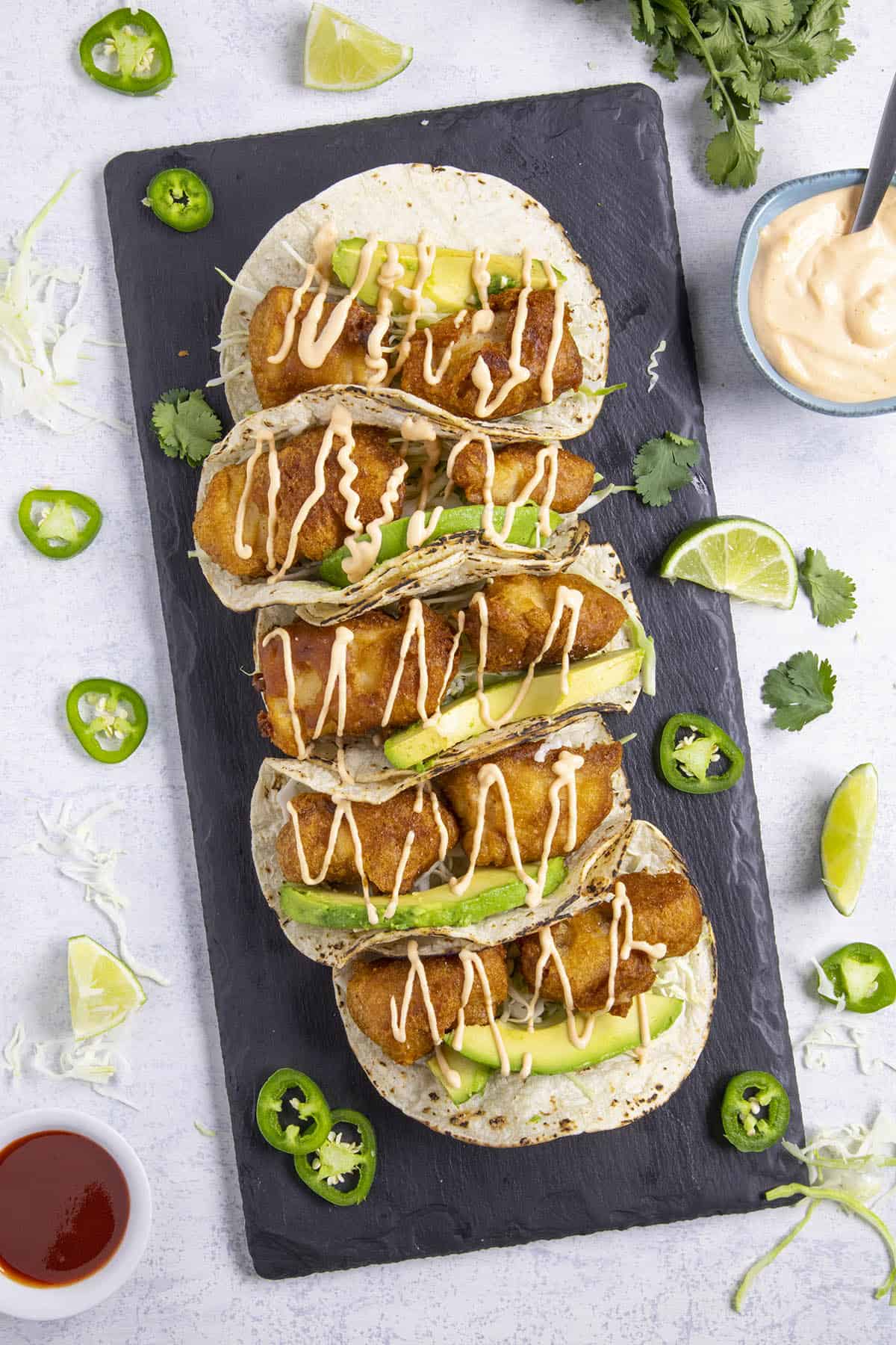 Crispy fish tacos with creamy fish taco sauce