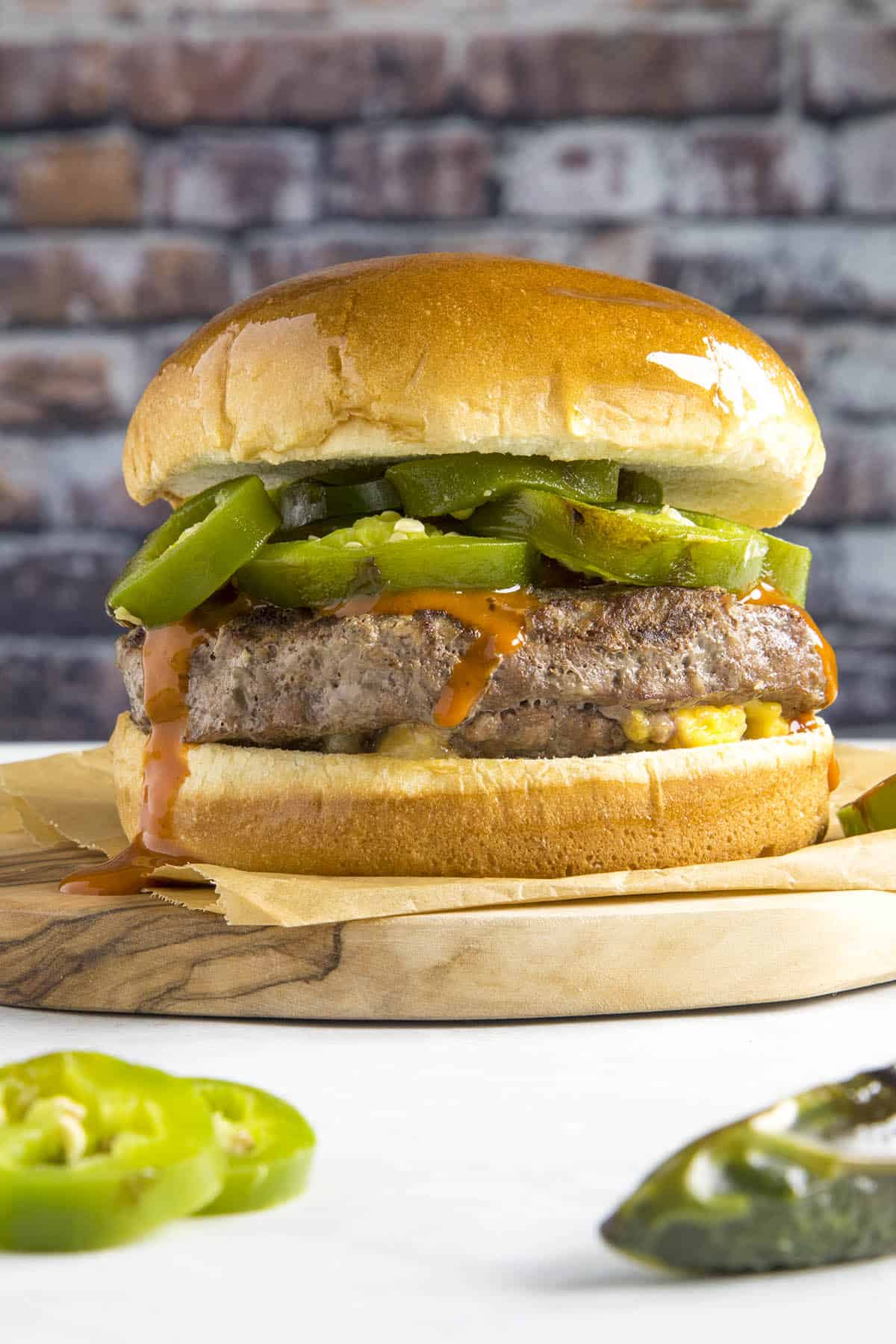 A Juicy Lucy Cheese Stufffed Burger ready to serve