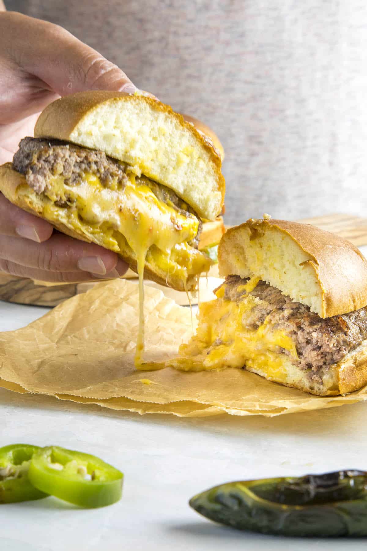 Extra gooey cheesy Juicy Lucy burgers