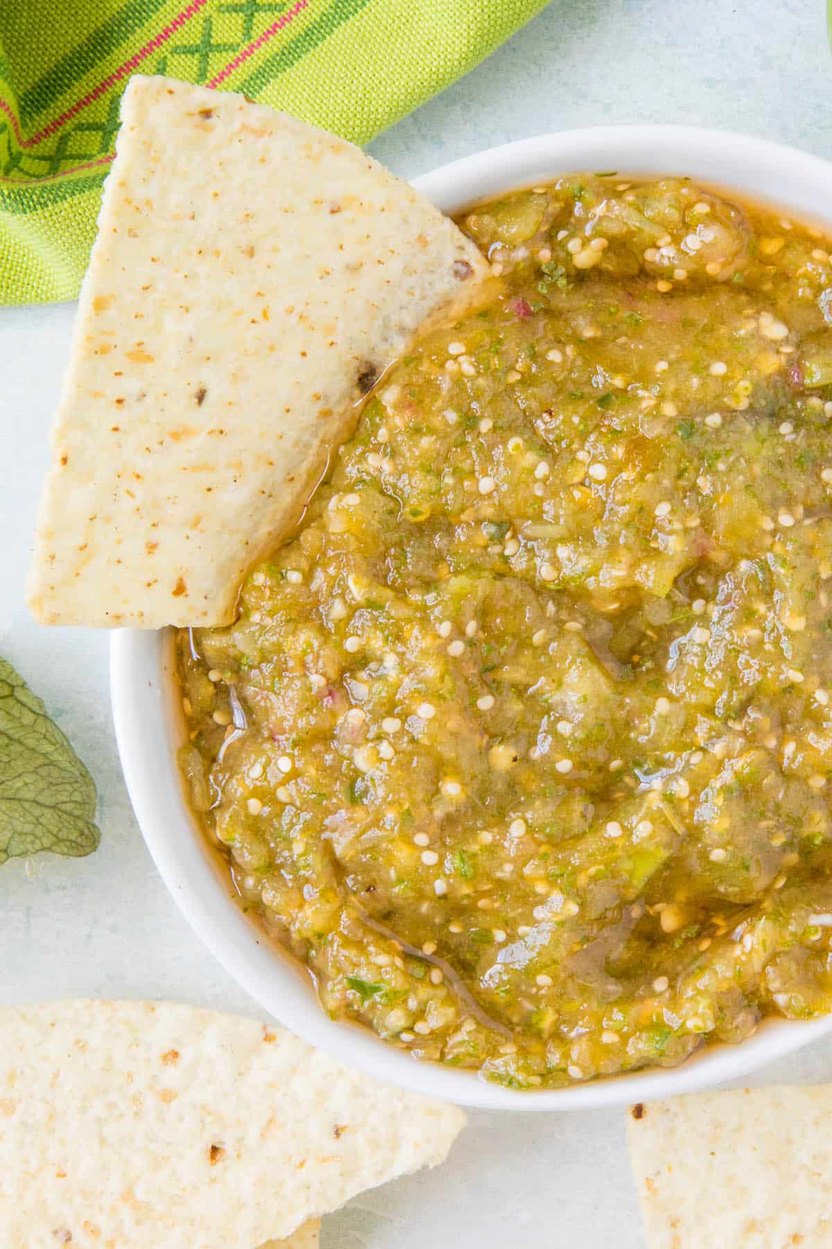 Salsa verde in a bowl, ready to eat
