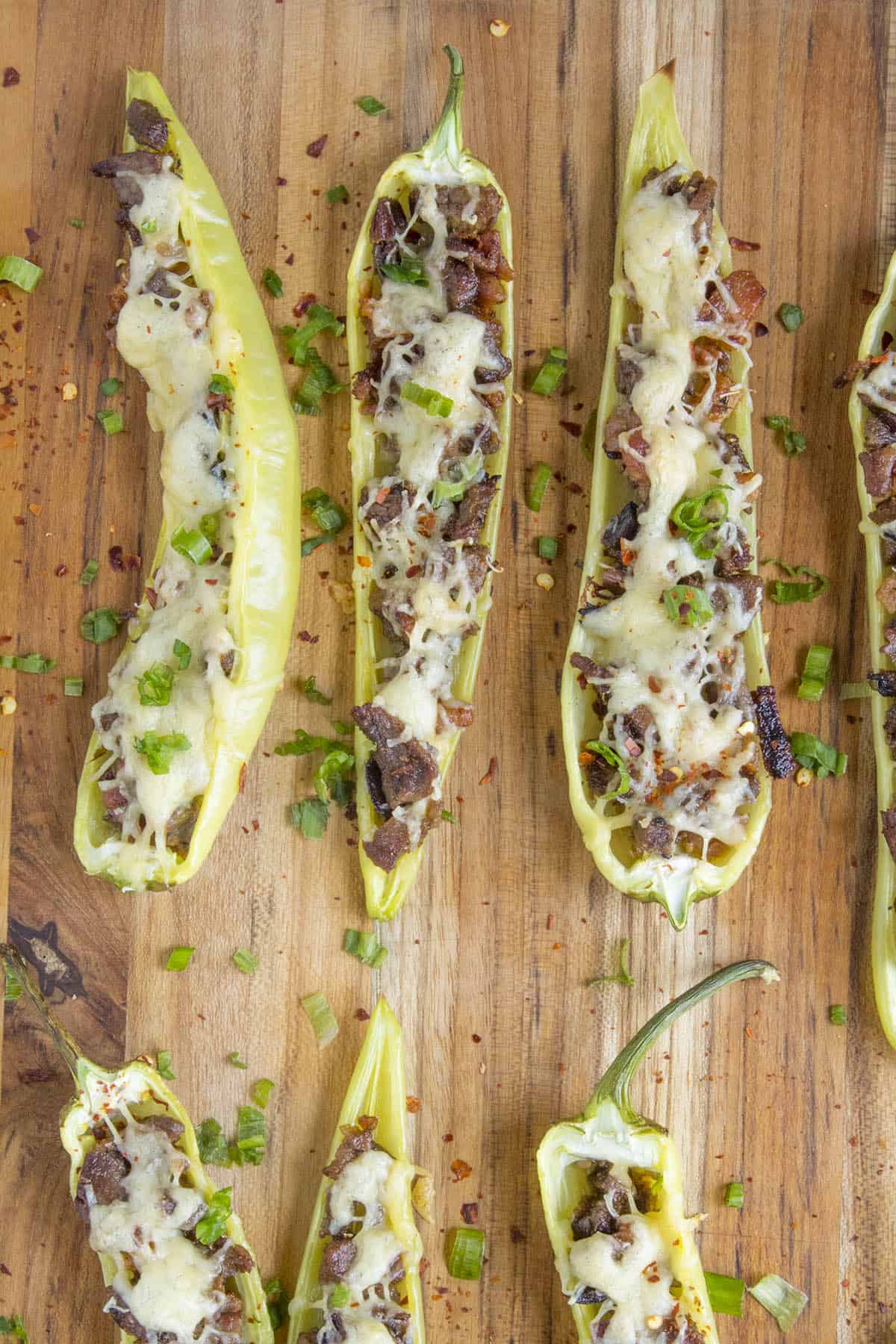 Stuffed Banana Peppers sprinkled with spicy chili flakes