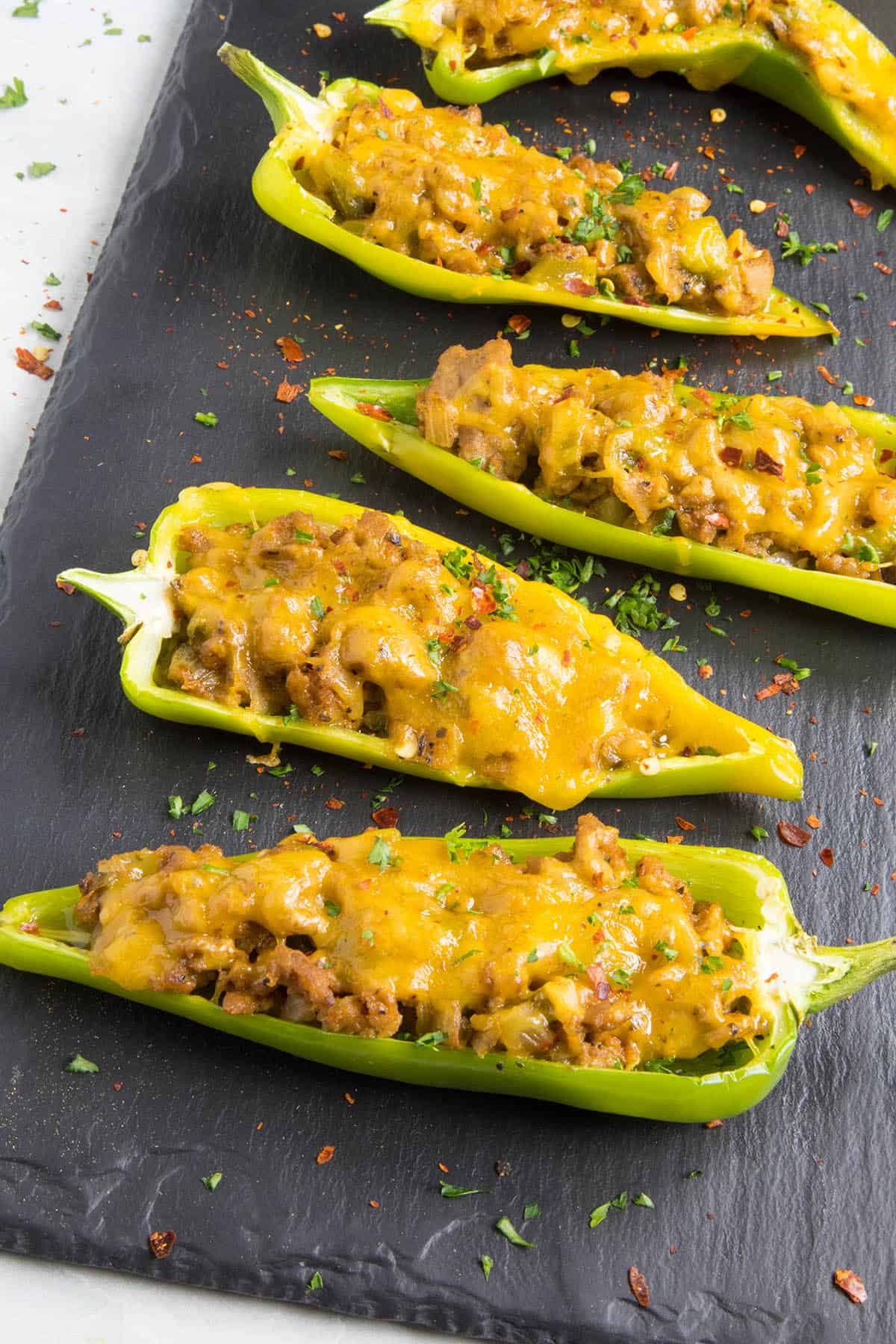 Turkey and Cheddar Stuffed Anaheim Peppers, ready to serve