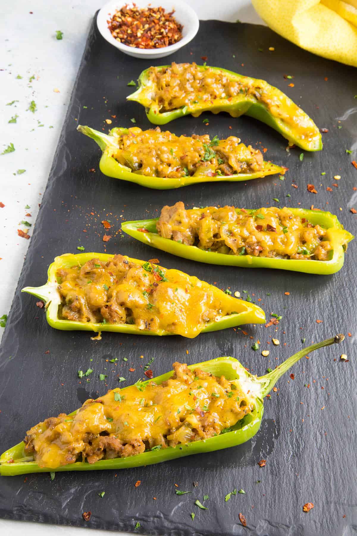 Turkey and Cheddar Stuffed Anaheim Peppers on a platter