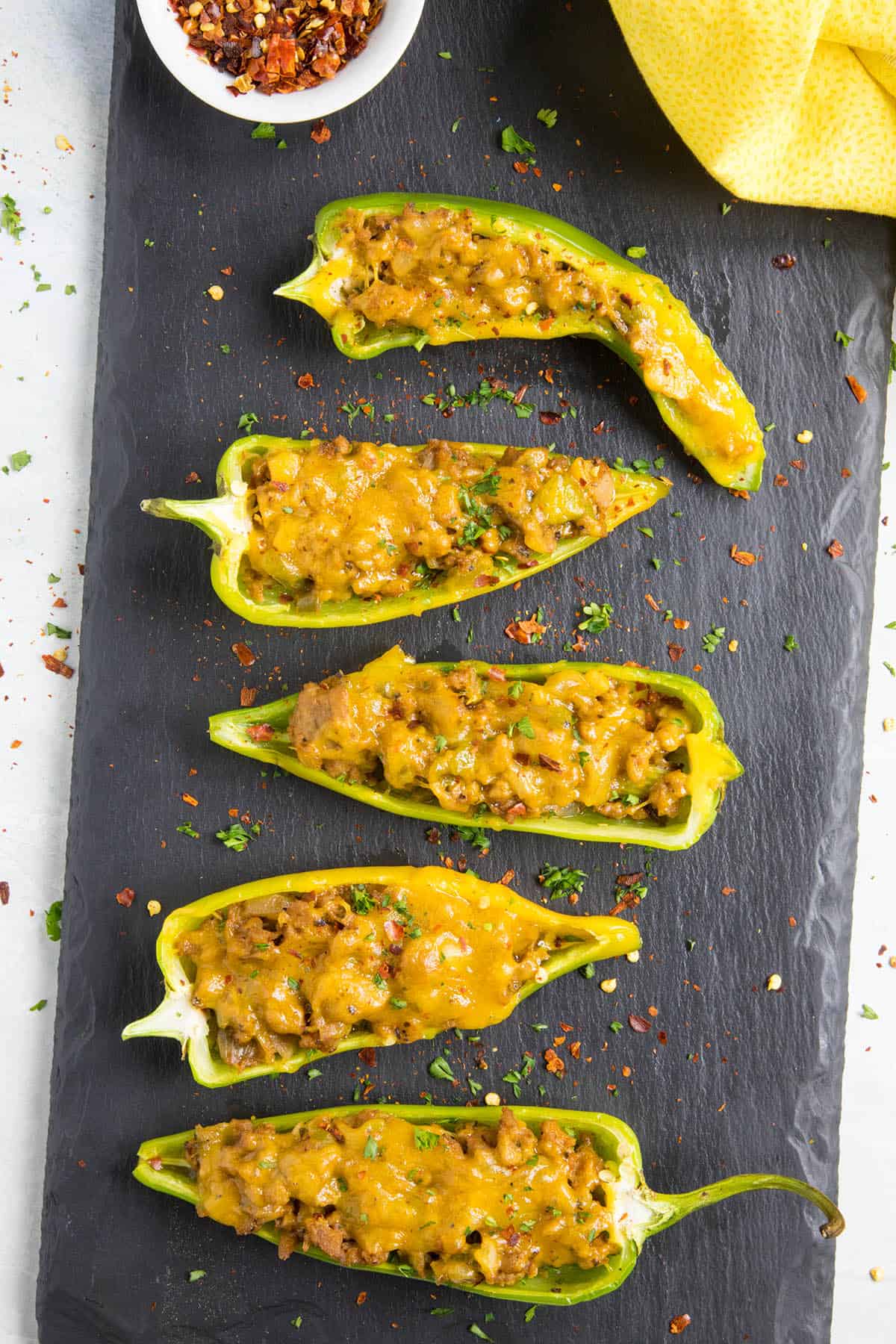 Turkey and Cheddar Stuffed Anaheim Peppers on a platter