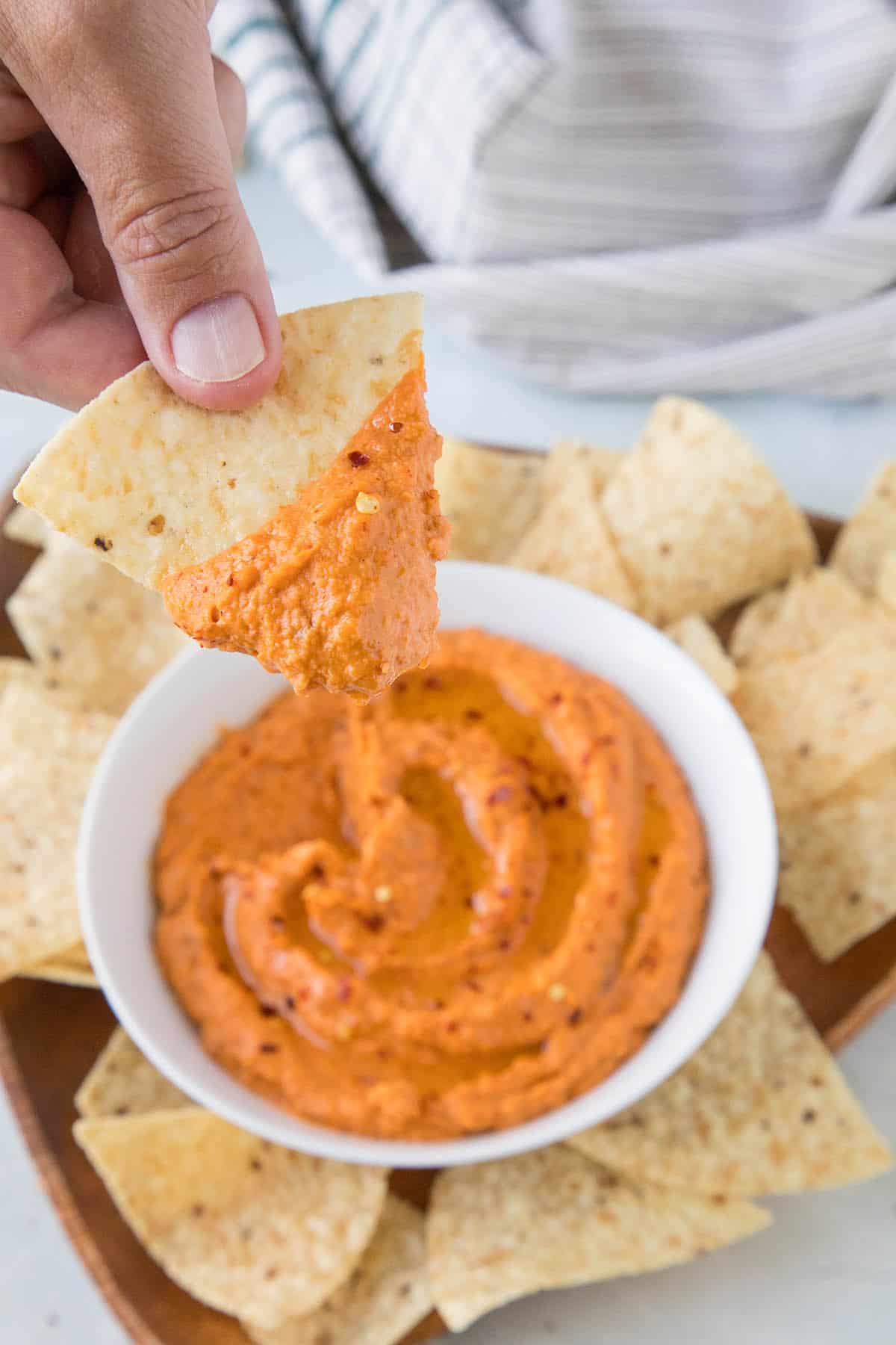 Harissa white bean dip on a chip