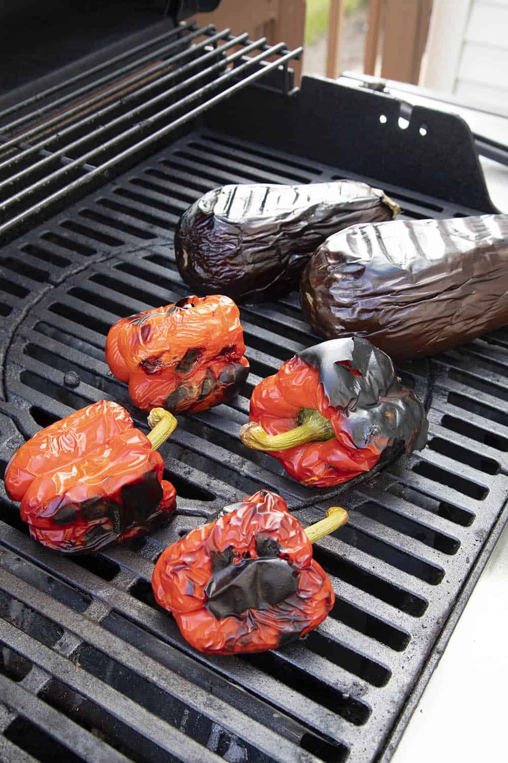 Roasted red peppers and eggplants on the grill