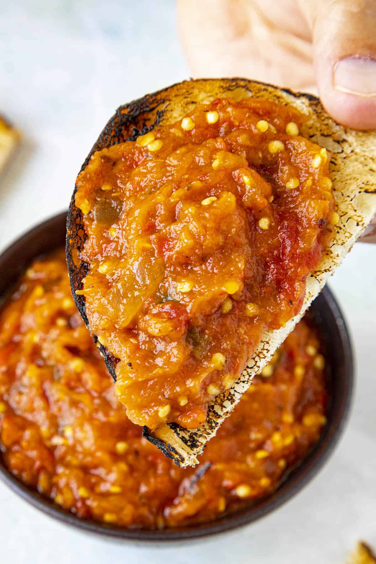 Thick and delicious Zacusca (roasted red pepper and eggplant spread) on a charred piece of bread