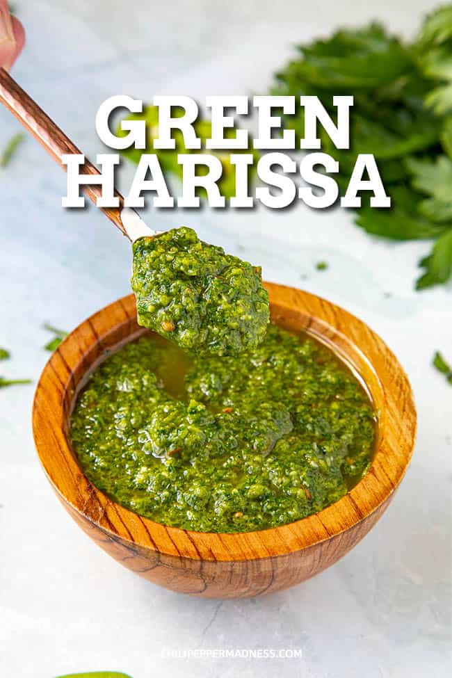 Green Harissa - Green harissa is a North African herb and chili paste condiment with big flavor, perfect for roasted meats and vegetables and more. Here is the recipe. #Sauce #ChiliPaste #Condiment