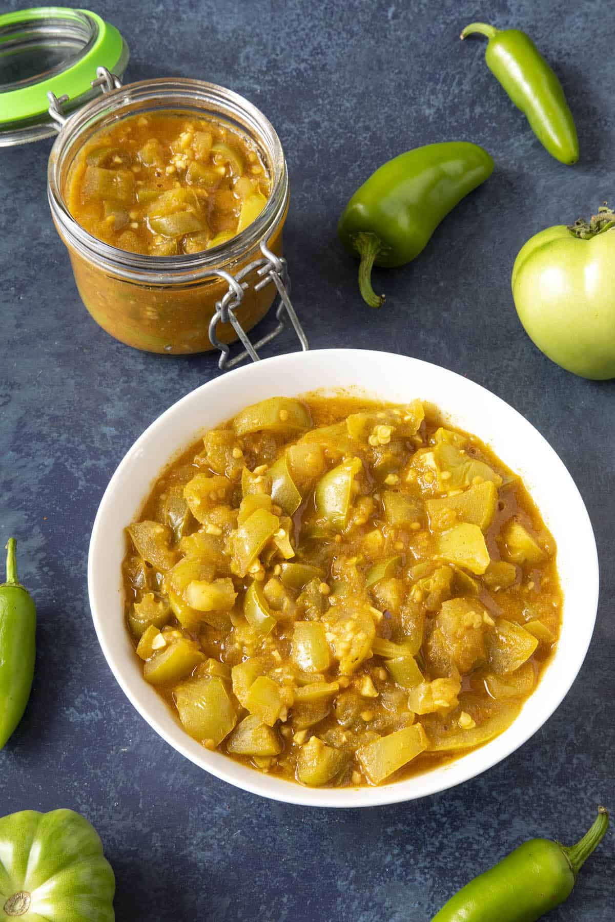 Green Tomato Chutney in a bowl and in a jar