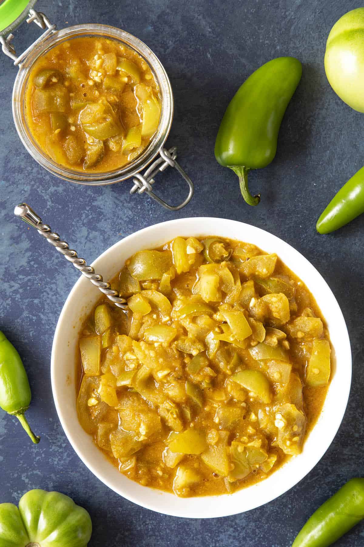 Green Tomato Chutney in a bowl, ready to serve