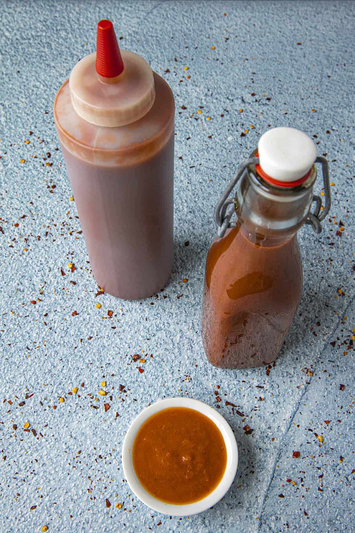 Homemade Ketchup in a bowl and in 2 bottles