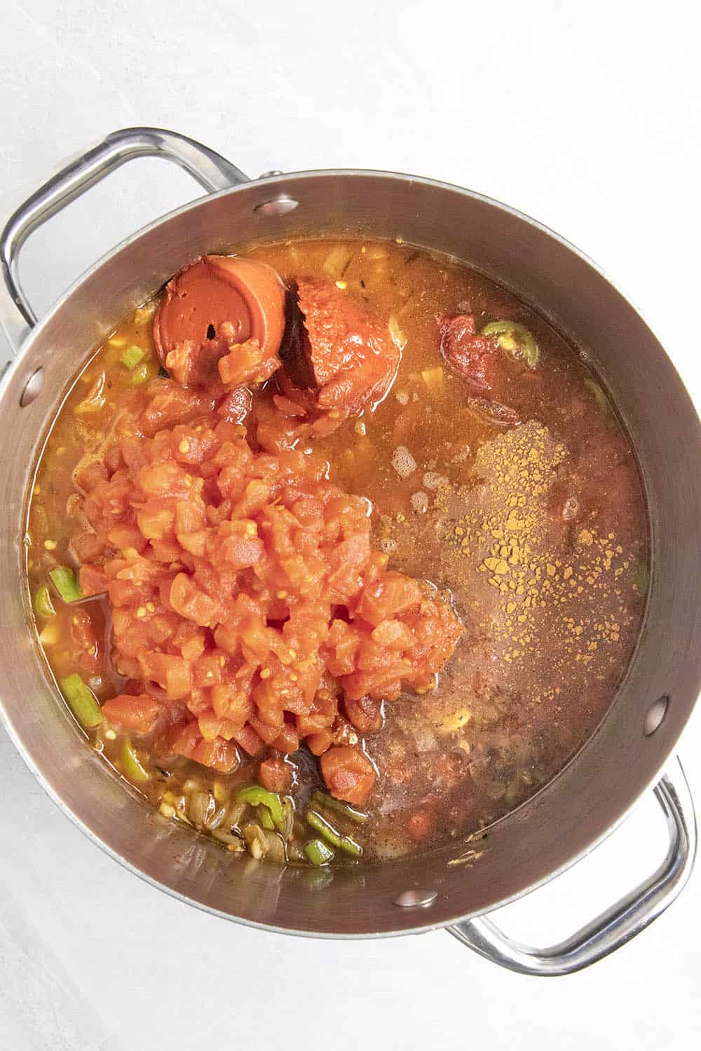 All ingredients added to the pot to make homemade ketchup