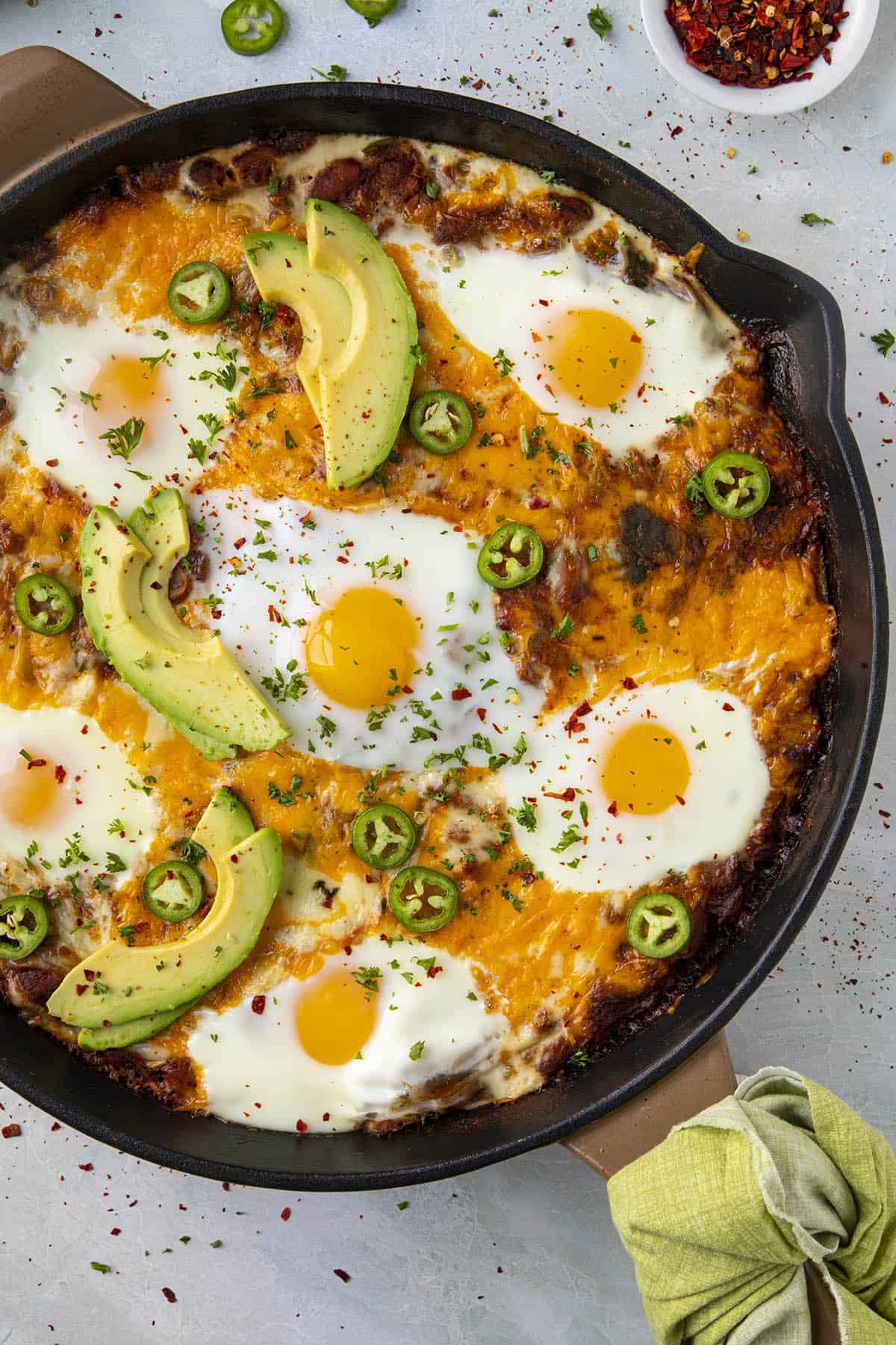 Huevos Rancheros Casserole in a pan, ready to serve