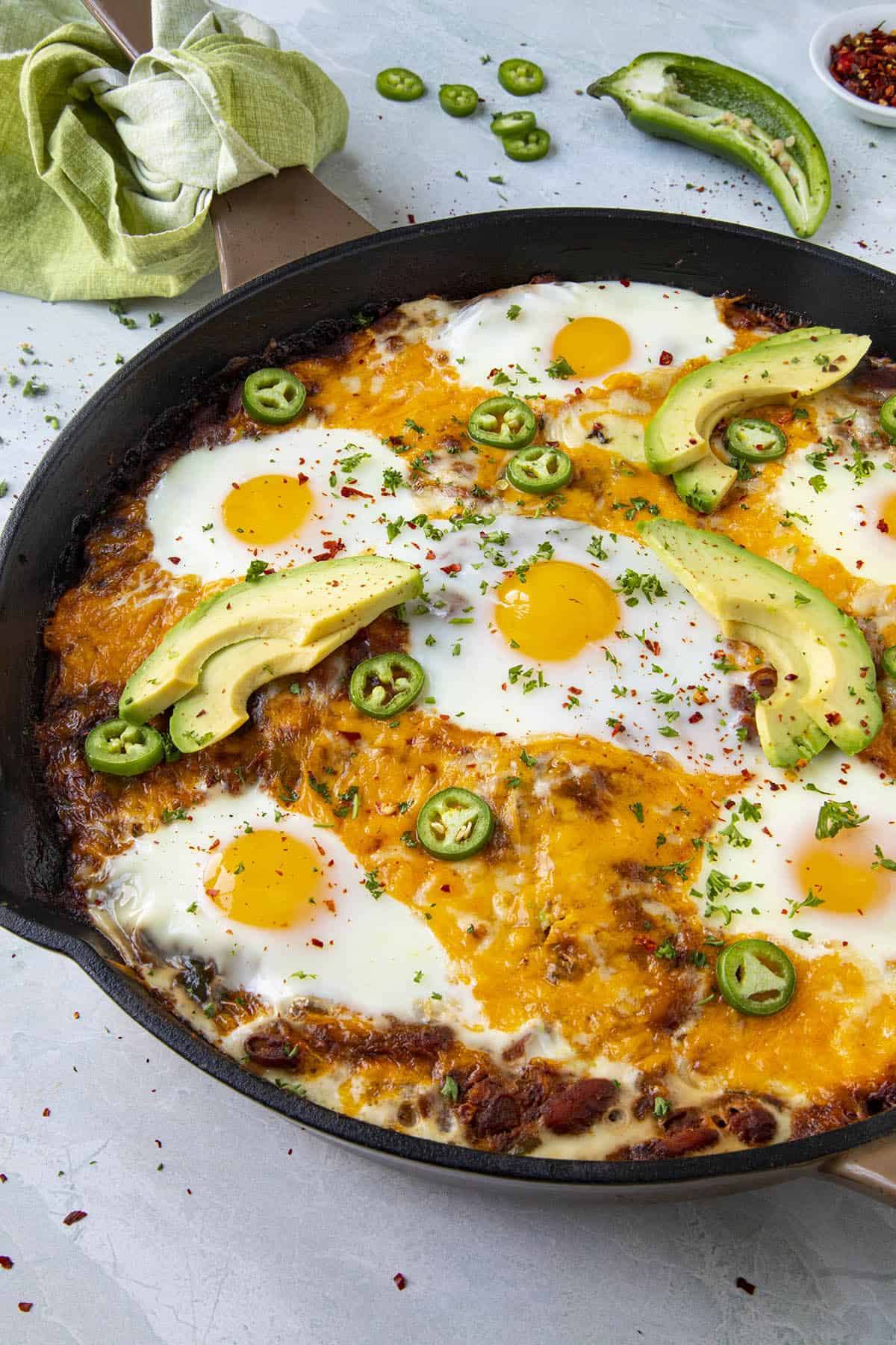 Huevos Rancheros Casserole in a pan, ready to serve