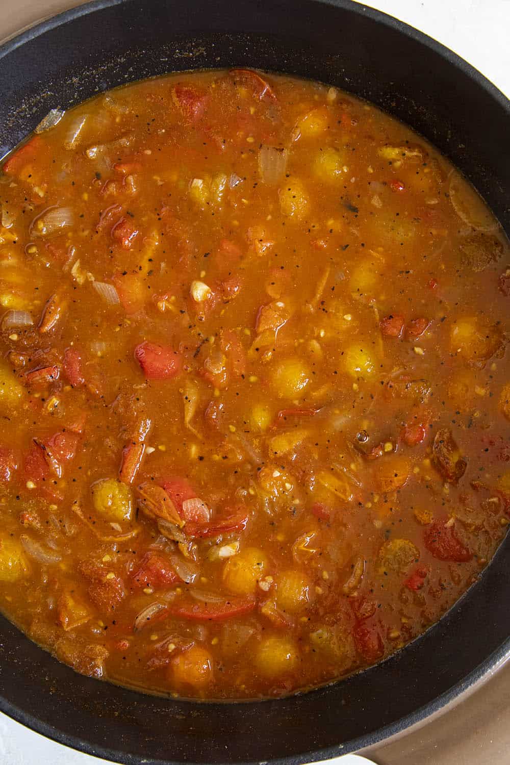 Roasted Tomato Soup in a pot, before processing until smooth