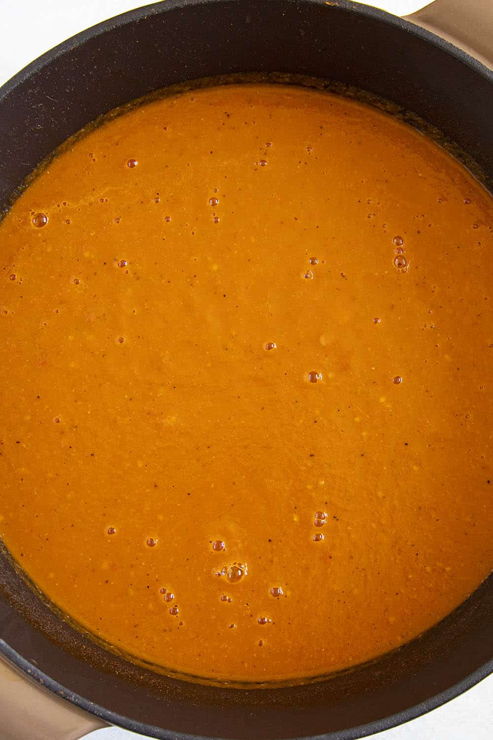 Roasted Tomato Soup in a pot, after processing until smooth