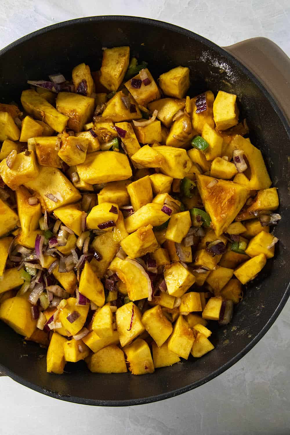 Pumpkin soup in a pot, before cooking