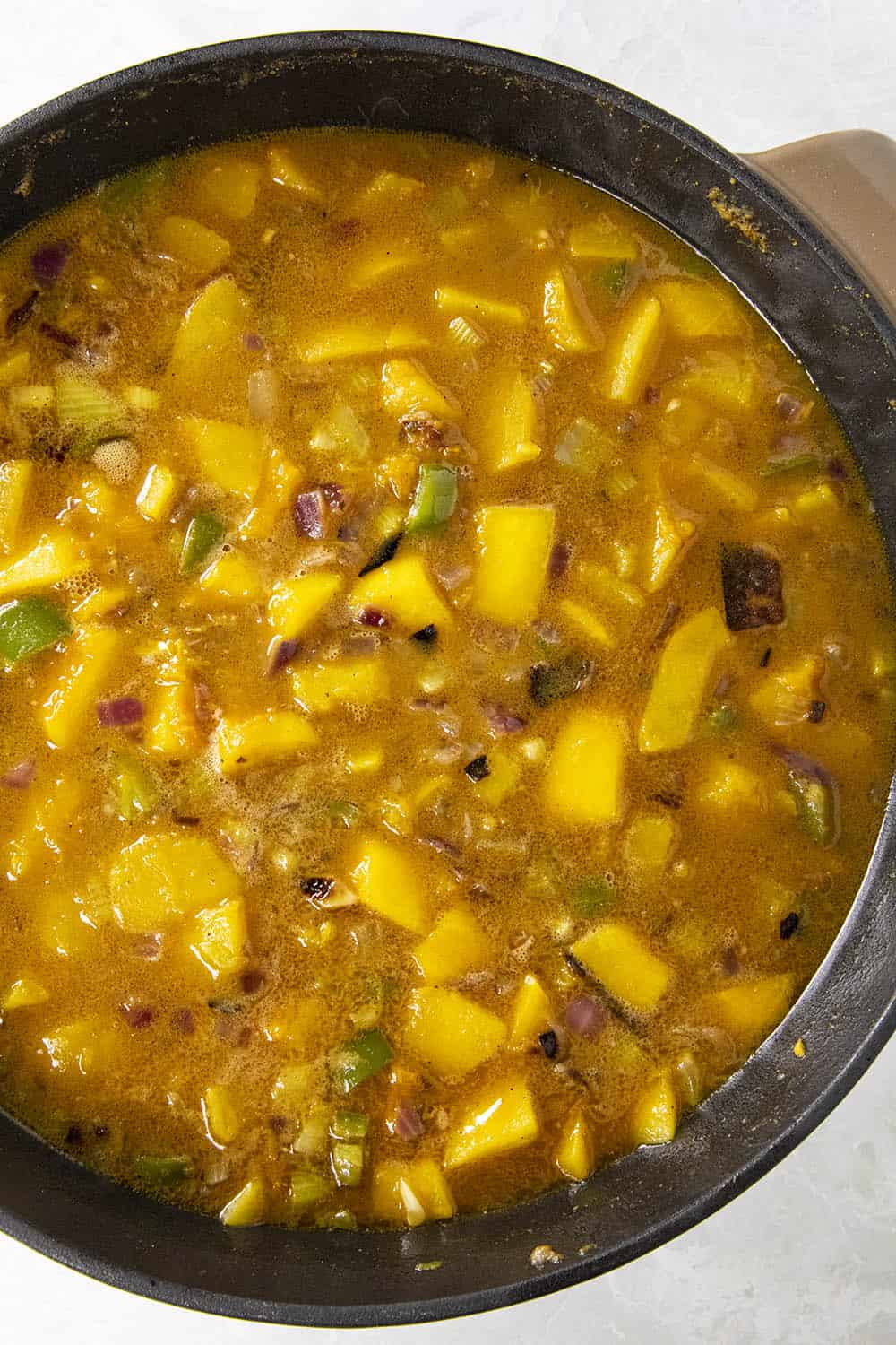 Pumpkin soup in a pot, before being processed