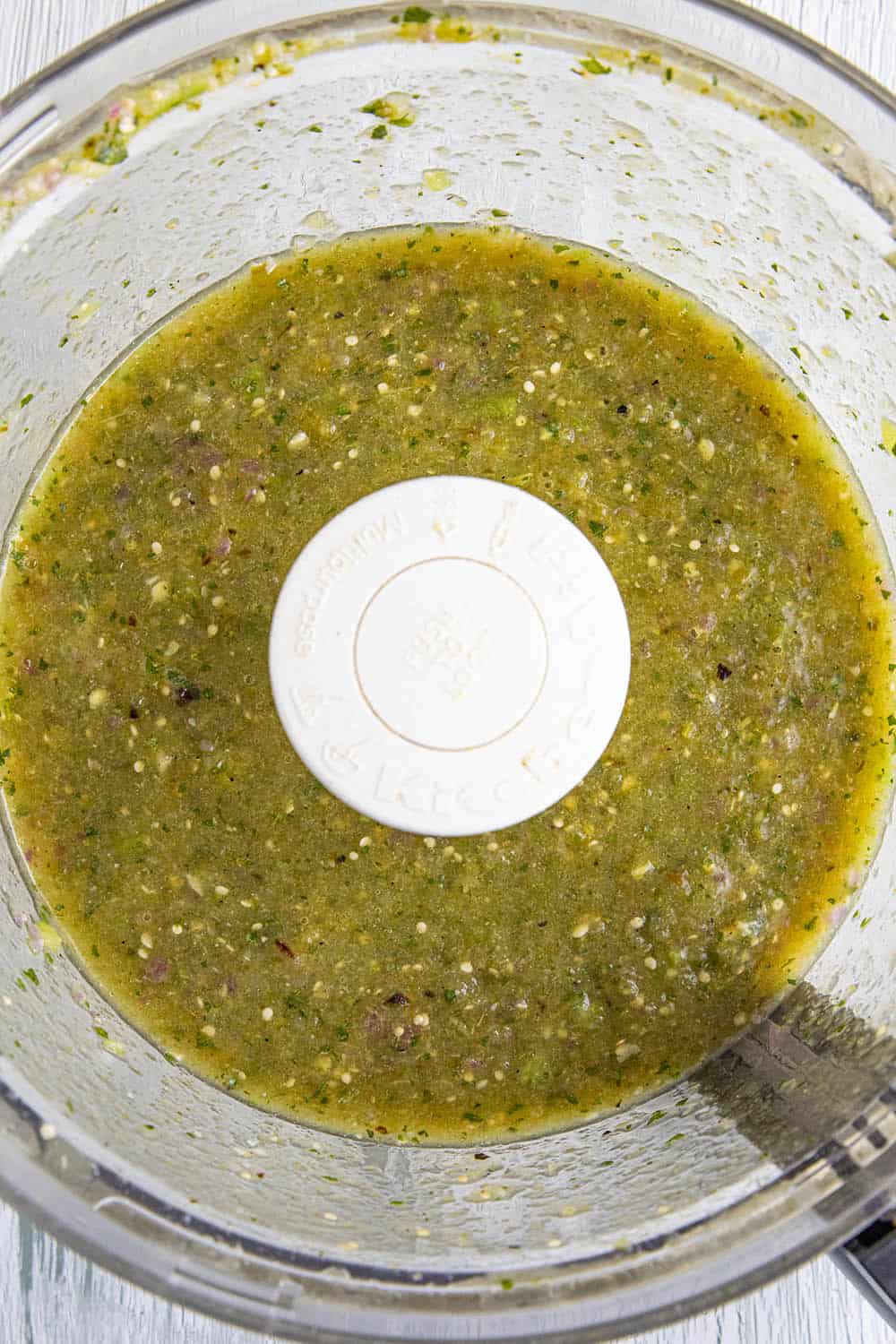 Tomatillo sauce, processed in a food processor