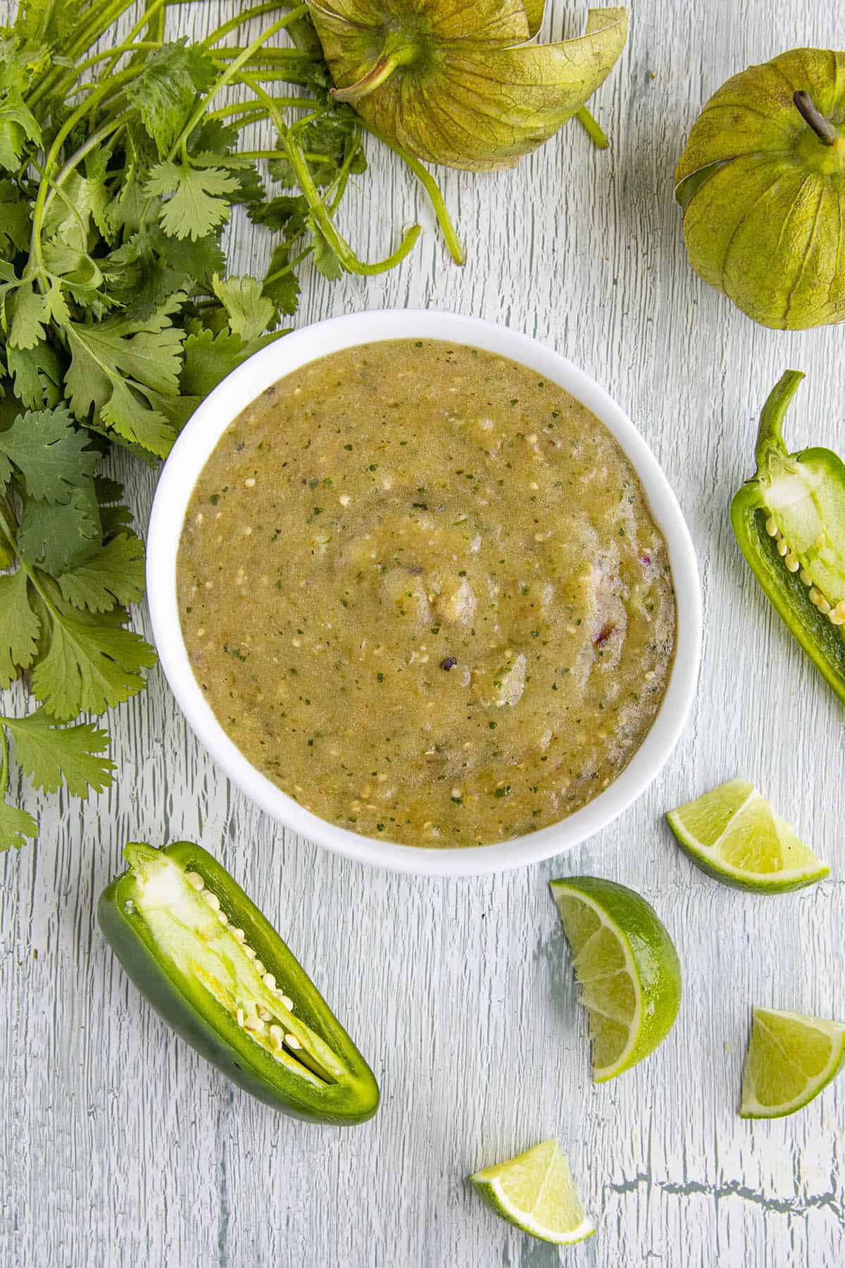 Tomatillo Sauce in a bowl, ready to serve