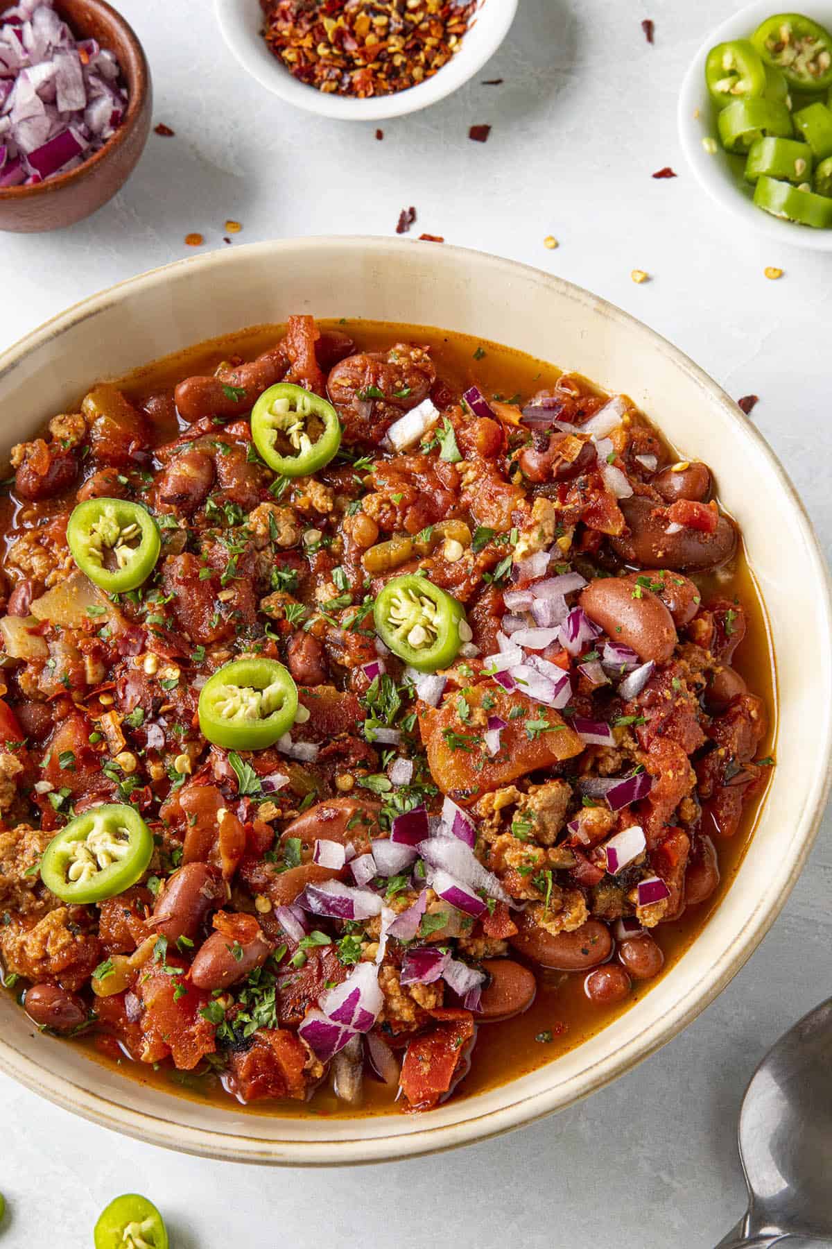 Turkey Chili in a bowl, ready to serve