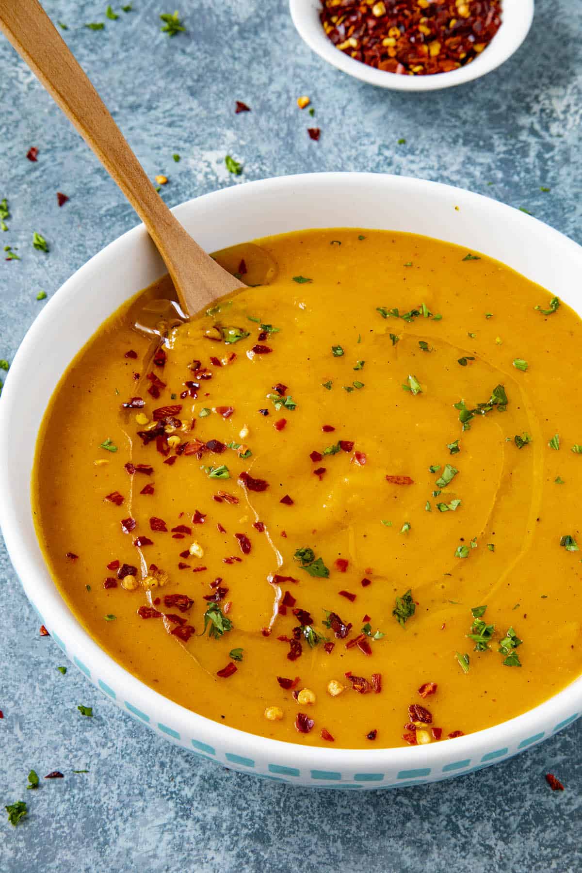 Cajun-Style Carrot Soup in a bowl, ready to serve