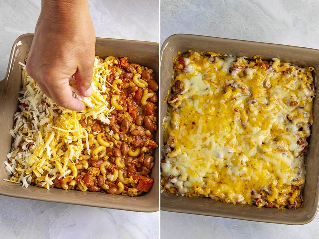 Melting lots of shredded cheese over a dish of Chili Mac and Cheese