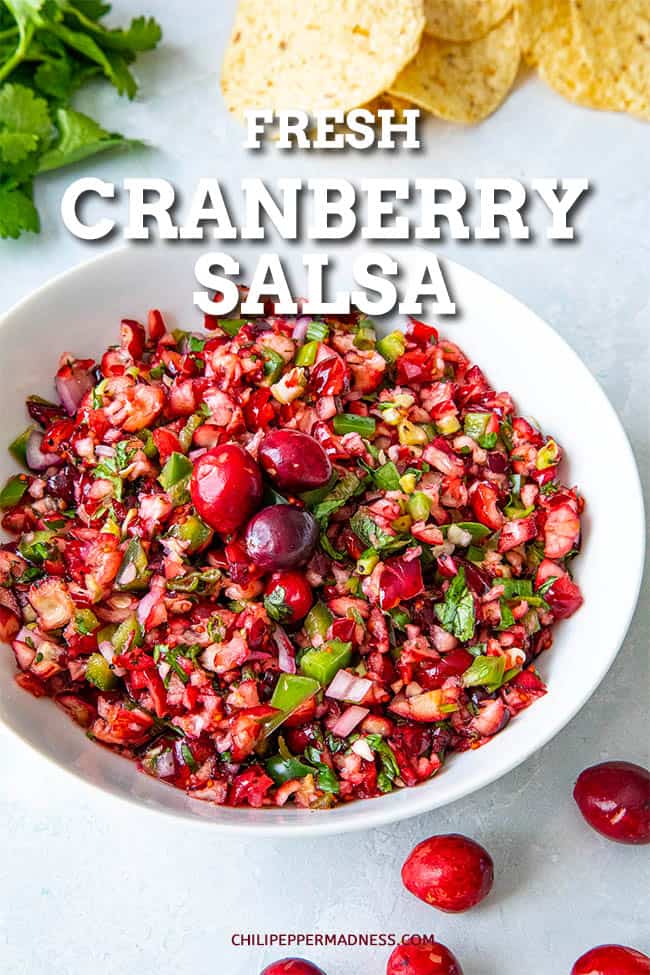 Fresh Cranberry Salsa - My fresh cranberry salsa recipe requires no cooking and combines loads of fresh cranberries with spicy jalapeno peppers and a few other ingredients for a quick and easy holiday salsa. Bring on the chips! #Salsa #Cranberries