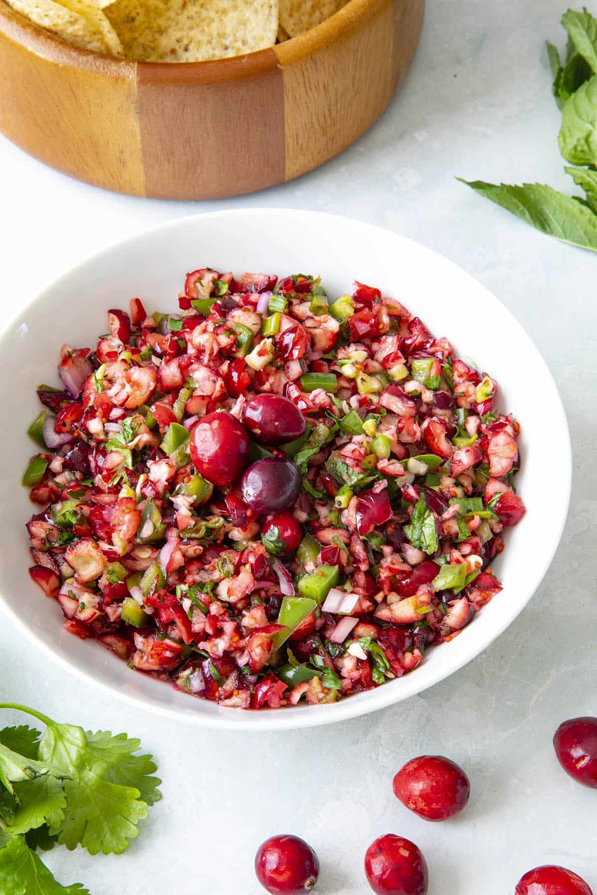 Fresh Cranberry Salsa ready to serve, with chips