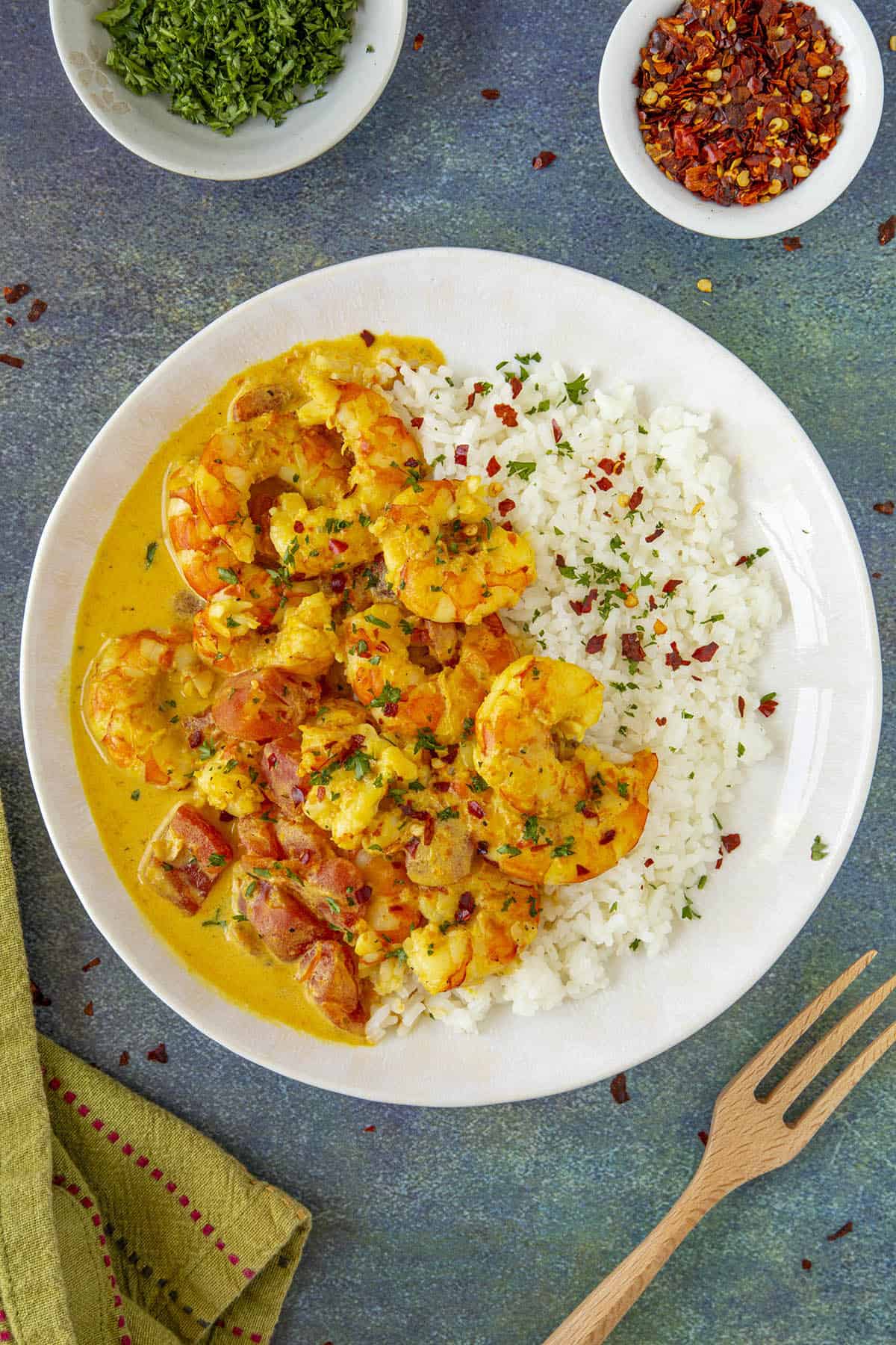 Thai Curry Shrimp Recipe in a bowl with lots of garnish