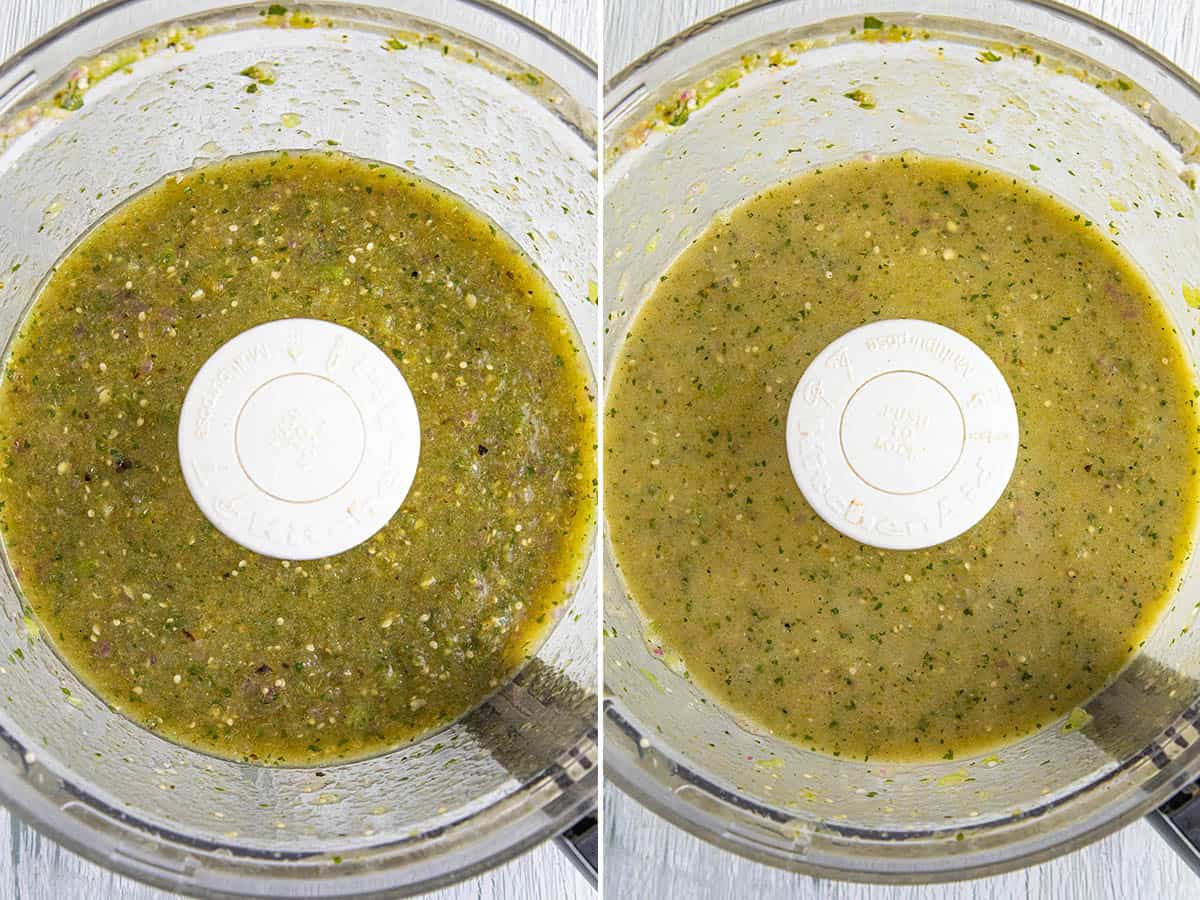 Tomatillo sauce, emulsified with oil in a food processor