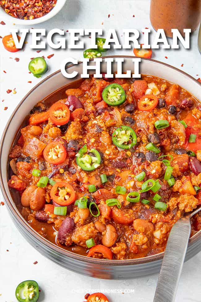 Chunky Vegetarian Chili - This spicy vegetarian chili recipe is made with THREE different beans, loads of vegetables and seasonings, and a plant-based protein starter to make it extra chunky. #Chili #Vegetarian