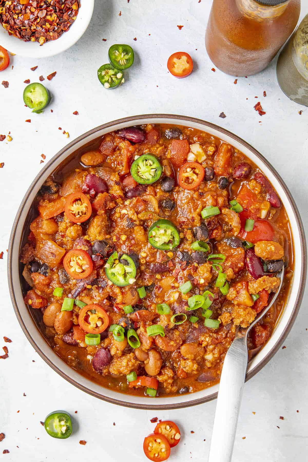 Chunky Vegetarian Chili in a bowl with a spoon, ready to serve