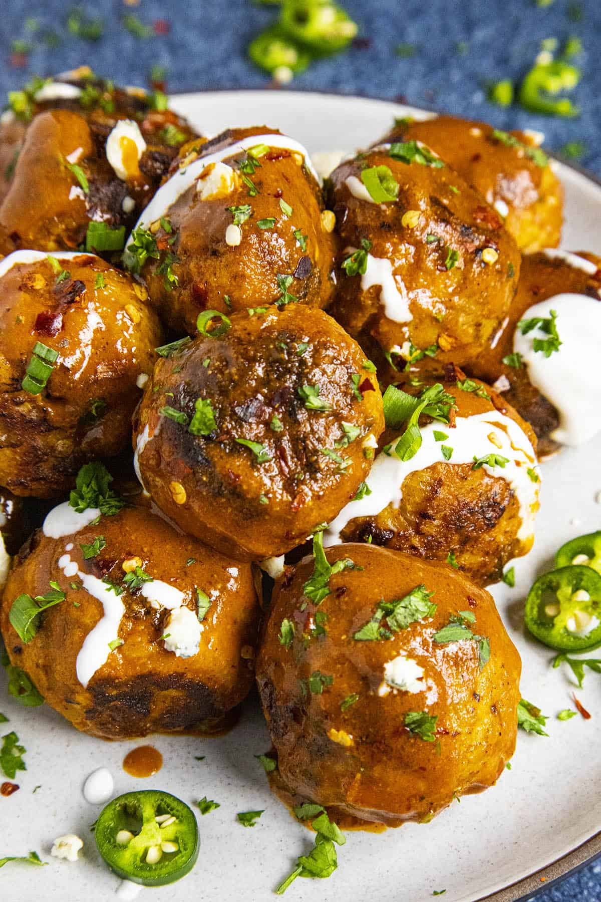 Buffalo Chicken Meatballs on a plate, ready to serve