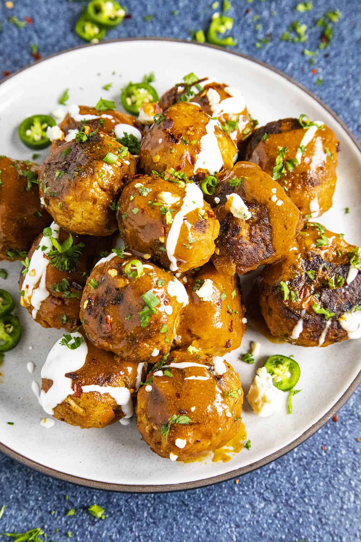 Saucy Buffalo Chicken Meatballs on a plate, ready to eat